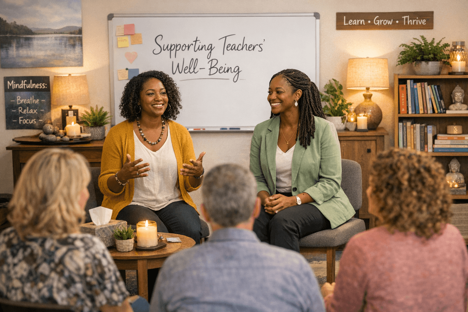 Two Black women talking to teachers in a classroom setting, focused on wellness and support.