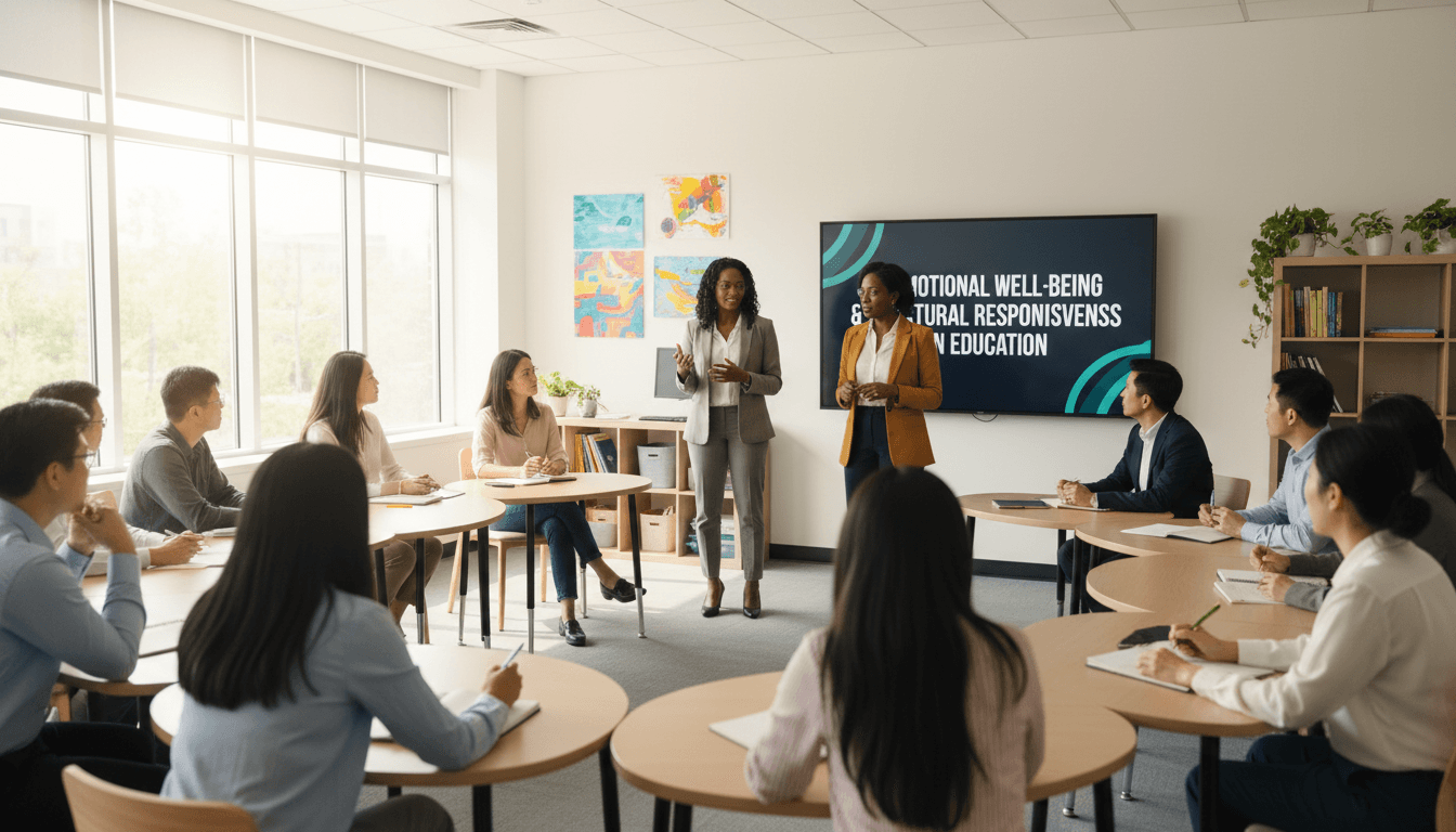 Diverse teachers in discussion with Black women consultants in a bright classroom.