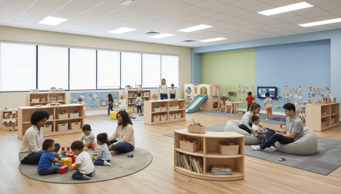 Bright modern childcare facility with diverse caregivers supervising children engaged in educational activities throughout open learning space