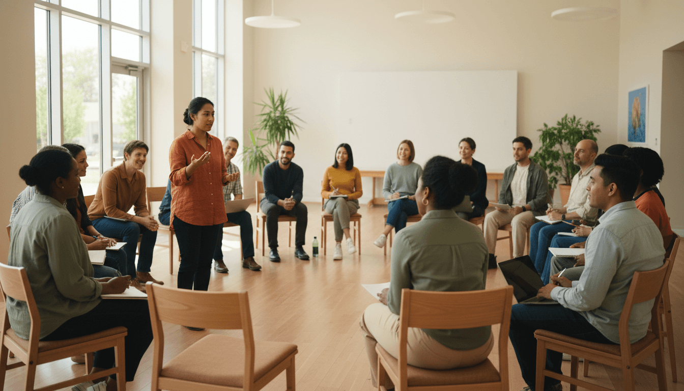 Diverse group of parents and educators seated in semi-circle, attentively participating in interactive workshop discussion with natural window lighting