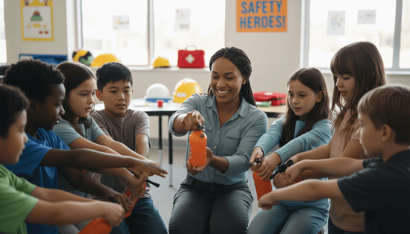 Diverse children and instructor engaged in interactive safety workshop with natural classroom lighting and focused learning moment